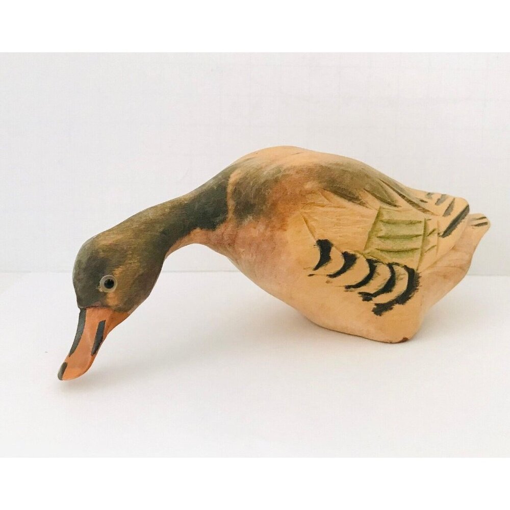Carved Wood Duck Figurine Glass Eye Bird Sculpture Handmade Beautiful Detail